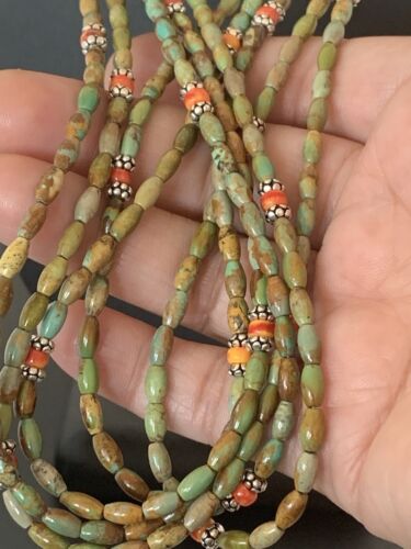 Navajo Sterling Silver Graduated Turquoise Spiny Bead Necklace | 3 Strand | Authentic Native American Handmade | 00577
