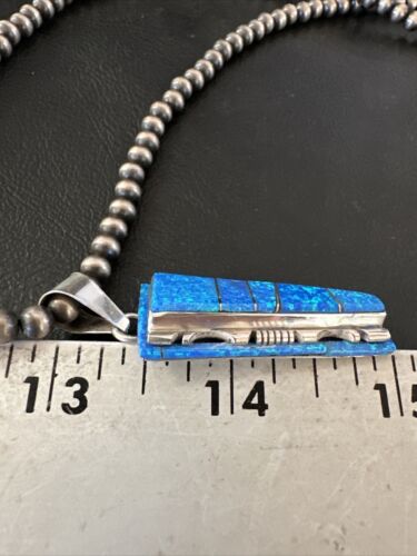 Navajo Blue Opal Inlay Pendant | Sterling Silver Necklace with Pearls | Authentic Native American Handmade | 16905