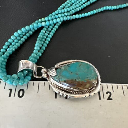 Navajo Blue Turquoise Pendant | Sterling Silver 3-Strand Bead Necklace | 17" | Authentic Native American Handmade | 15997