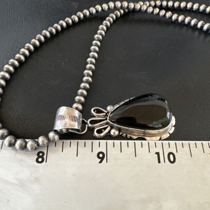 Men's Navajo Pearls Black Onyx Necklace Pendant | Sterling Silver | Authentic Native American Handmade | 16530