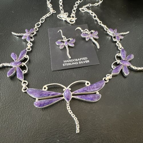 Navajo Dragonfly Purple Sugilite Necklace and Earrings Set | Sterling Silver | Native American Handmade | 16257