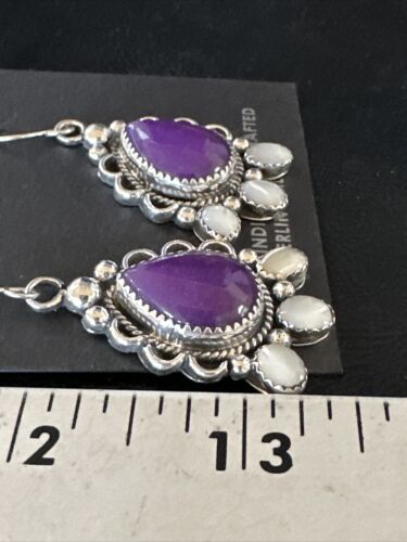 Navajo Purple Sugilite White Mother of Pearl Earrings | Sterling Silver | 1" | Authentic Native American Handmade | 15334
