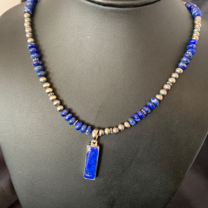 Navajo Blue Lapis Pendant with Pearls | Sterling Silver Necklace | Authentic Native American Handmade | 16934