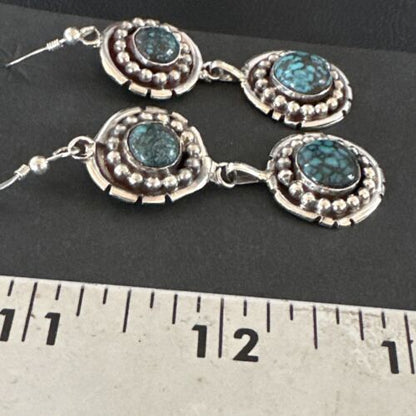 Navajo Blue Spiderweb Turquoise Dangle Earrings | Sterling Silver | Authentic Native American Handmade | 16010 - Masha USA