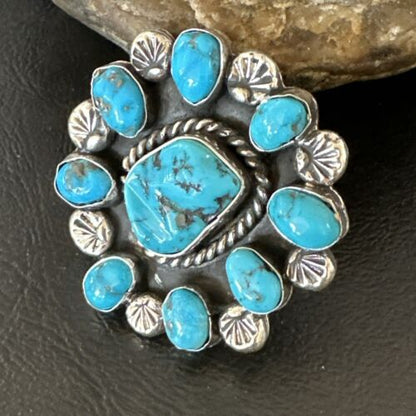 Navajo Blue Kingman Turquoise Cluster Ring | Authentic Native American Sterling Silver | Multi-Stone | Sz 10.5 | 17423