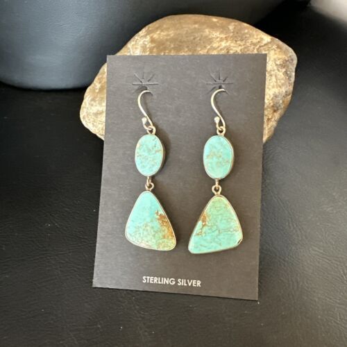 Navajo Blue Kingman Turquoise Dangle Earrings | Sterling Silver | Authentic Native American Handmade | 15124