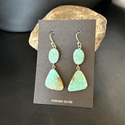 Navajo Blue Kingman Turquoise Dangle Earrings | Sterling Silver | Authentic Native American Handmade | 15124