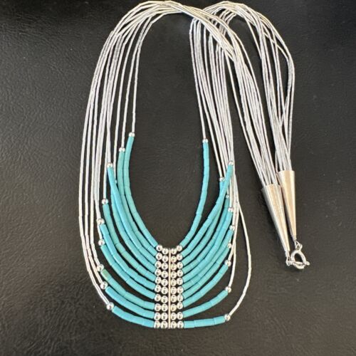 Navajo Blue Turquoise 10-Strand Heishi Necklace | Sterling Liquid Silver Tubes | 22" | 16448