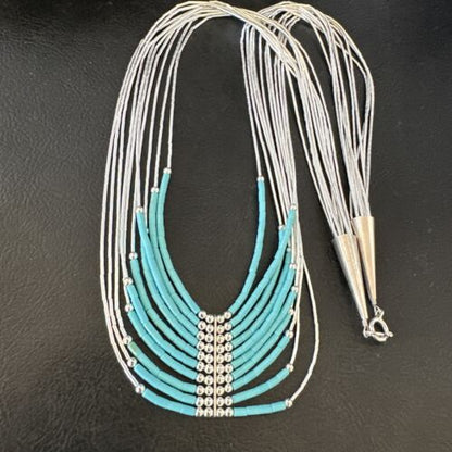 Navajo Blue Turquoise 10-Strand Heishi Necklace | Sterling Liquid Silver Tubes | 22" | 16448