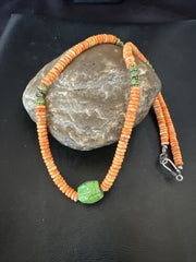 Navajo Green Turquoise & Orange Spiny Oyster Pendant | Sterling Silver | Authentic Native American Handmade | 17484