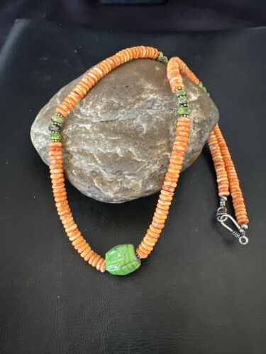 Navajo Green Turquoise & Orange Spiny Oyster Pendant | Sterling Silver | Authentic Native American Handmade | 17484