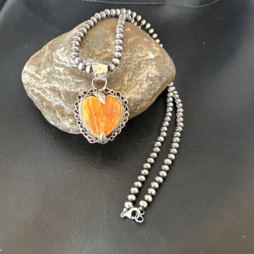 Navajo Orange Spiny Oyster Heart Pendant Necklace | Sterling Silver | Authentic Native American Handmade | 16295