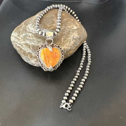 Navajo Orange Spiny Oyster Heart Pendant Necklace | Sterling Silver | Authentic Native American Handmade | 16295