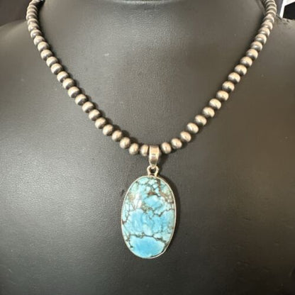 Navajo Blue Spiderweb Turquoise Pendant Necklace | Sterling Silver | Authentic Native American Handmade | 17027