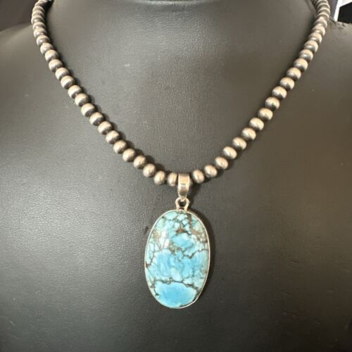 Navajo Blue Spiderweb Turquoise Pendant Necklace | Sterling Silver | Authentic Native American Handmade | 17027
