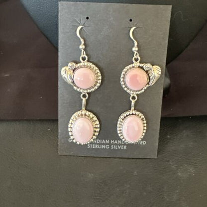 Navajo Pink Conch Shell Dangle Earrings | Sterling Silver | Authentic Native American Handmade | 17192