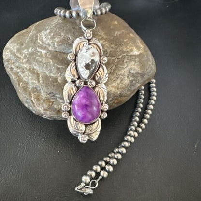 Navajo Pearls Pendant | White Buffalo Turquoise & Sugilite | Sterling Silver | Native American Handmade | 16869