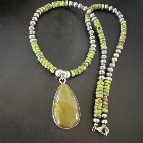 Navajo Green Turquoise Pendant with Pearls | Sterling Silver Necklace | Authentic Native American Handmade | 16917