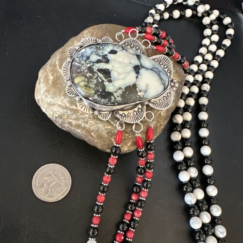 Navajo White Buffalo Turquoise and Coral Pendant Necklace | Sterling Silver | Authentic Native American Handmade | 15495