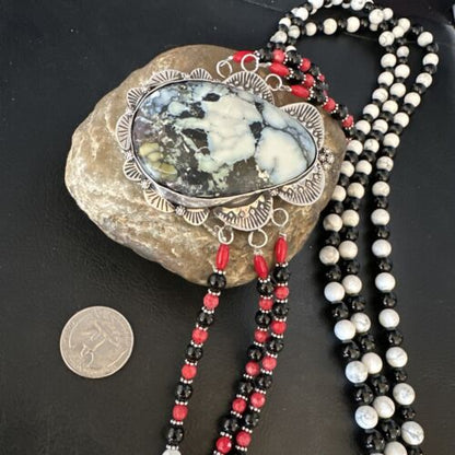 Navajo White Buffalo Turquoise and Coral Pendant Necklace | Sterling Silver | Authentic Native American Handmade | 15495