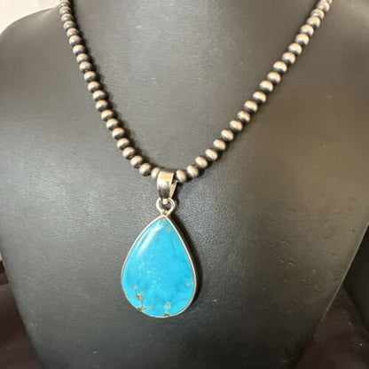Navajo Blue Kingman Turquoise Pendant Necklace | Sterling Silver | 20" | Authentic Native American Handmade | 16725
