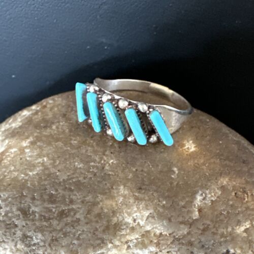 Zuni Blue Turquoise Needle Point Ring | Authentic Native American Sterling Silver | Multi-Stone | Sz 7.5 | 15399