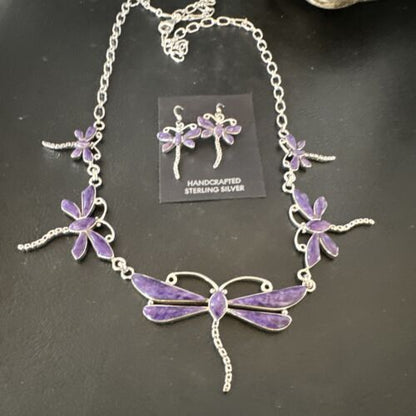 Navajo Dragonfly Purple Sugilite Necklace and Earrings Set | Sterling Silver | Native American Handmade | 16257