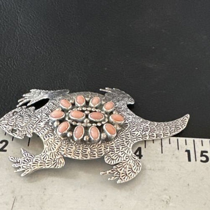 Handmade Stamped Navajo Pink Coral Horny Toad Pin | Authentic Native American Jewelry | 15669