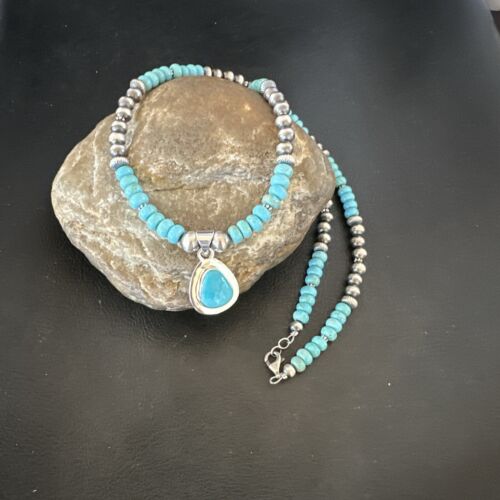 Navajo Blue Kingman Turquoise Pendant Necklace | Sterling Silver | 21" | Authentic Native American Handmade | 16933