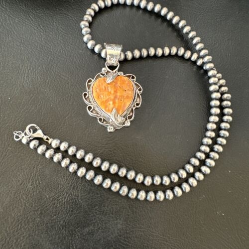 Navajo Orange Spiny Oyster Heart Pendant Necklace | Sterling Silver | Authentic Native American Handmade | 16297