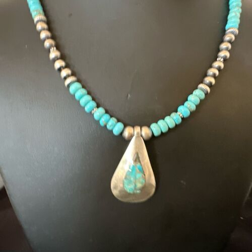 Navajo Blue Spiderweb Turquoise Inlay Pendant Necklace | Sterling Silver | Authentic Native American Handmade | 17120