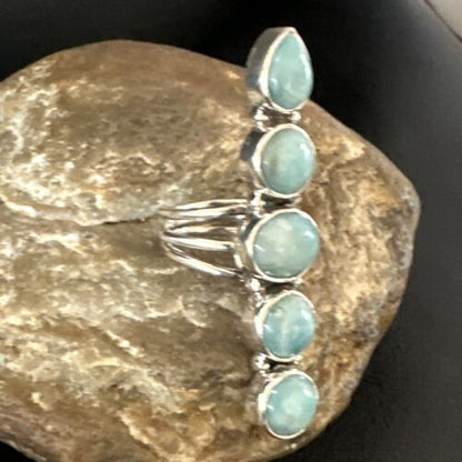 Navajo Women's Cluster Blue Larimar Ring | Authentic Native American Sterling Silver | Multi-Stone | Sz 7.5 | 16151