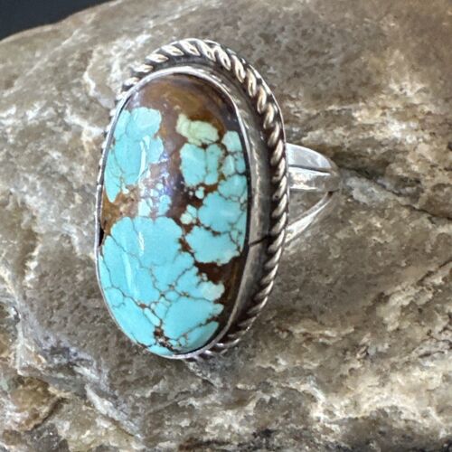 Men's & Women's Blue Turquoise #8 Navajo Ring | Sterling Silver | Sz 9.5 | Authentic Native American Handmade | 16639
