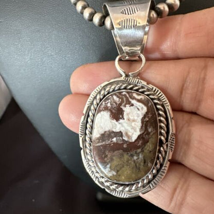 Navajo Wild Horse Turquoise Pendant Necklace | Sterling Silver | Authentic Native American Handmade | 17475