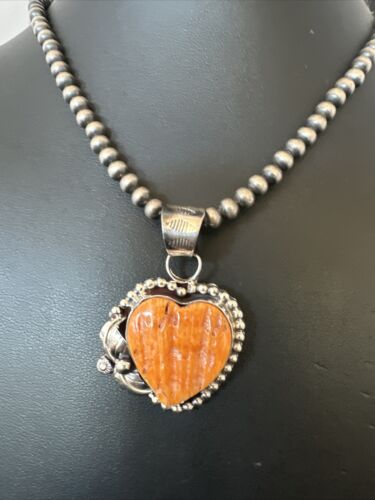 Navajo Orange Spiny Oyster Heart Pendant Necklace | Sterling Silver | Authentic Native American Handmade | 16416