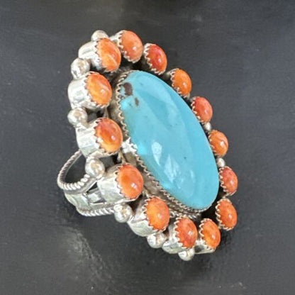 Navajo Turquoise & Spiny Oyster Cluster Ring | Authentic Native American Sterling Silver | Multi-Stone | Sz 12 | 16027