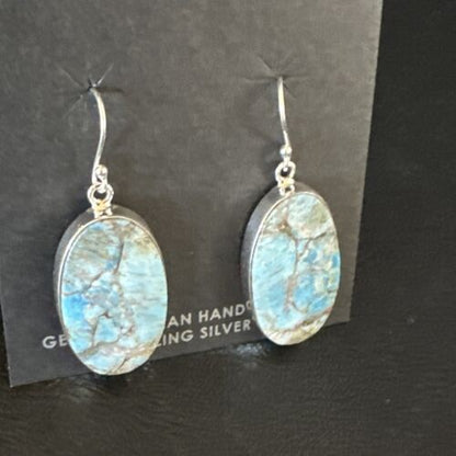 Navajo Blue Turquoise Dangle Earrings | Sterling Silver | Authentic Native American Handmade | 15430