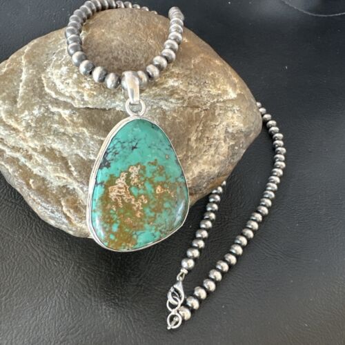 Men's Navajo Blue Spiderweb Turquoise Pendant Necklace | Sterling Silver | Authentic Native American Handmade | 16211