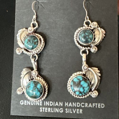 Navajo Blue Spiderweb Turquoise Dangle Earrings | Sterling Silver | Authentic Native American Handmade | 16011