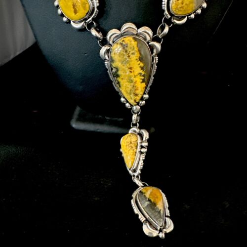 Navajo Yellow Bumblebee Jasper Lariat Necklace | Authentic Native American Sterling Silver | 17202