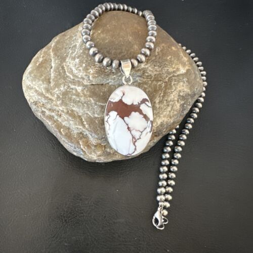 Navajo Wild Horse Turquoise Pendant | Sterling Silver Necklace with Pearls | Authentic Native American Handmade | 15717