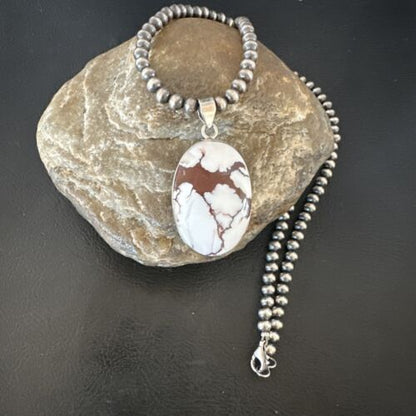 Navajo Wild Horse Turquoise Pendant | Sterling Silver Necklace with Pearls | Authentic Native American Handmade | 15717
