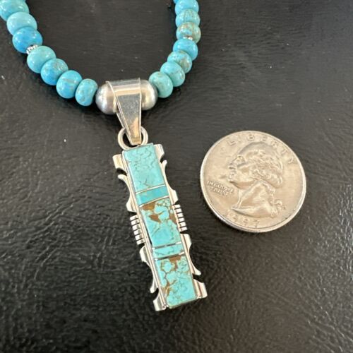 Turquoise #8 Inlay Pendant Necklace | Navajo Sterling Silver | Authentic Native American Handmade | 17072
