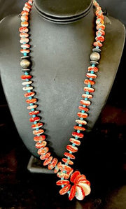 Navajo Blue Turquoise & Spiny Oyster Necklace | Sterling Silver | Authentic Native American | 22" | 17420