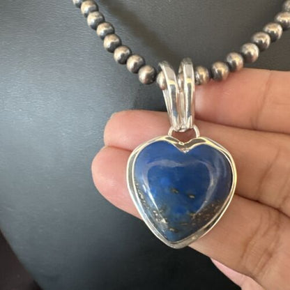 Navajo Blue Heart Lapis Pendant Necklace | Sterling Silver Pearls | Authentic Native American Handmade | 15019