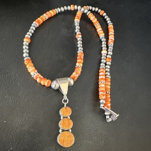Navajo Orange Spiny Oyster Pendant with Pearls | Sterling Silver Necklace | Authentic Native American Handmade | 15255