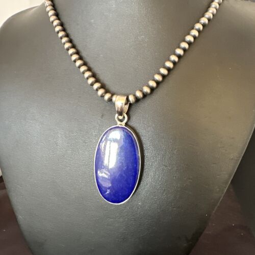 Navajo Blue Lapis Pendant with Pearls | Sterling Silver Necklace | 20" | Authentic Native American Handmade | 16668 - Masha USA