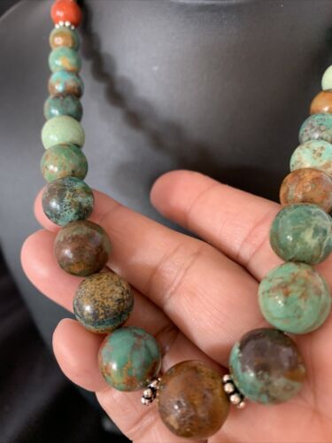Navajo Green Turquoise & Apple Coral Graduated Necklace | Sterling Silver | Authentic Native American | 18" | 13204