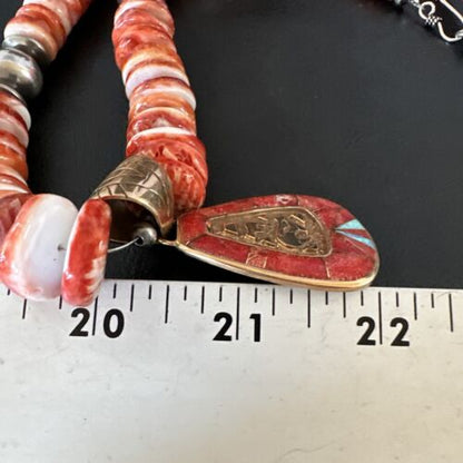 Navajo Red Spiny Oyster Pendant Necklace | Sterling Silver | Brass Inlay | Authentic Native American Handmade | 15789