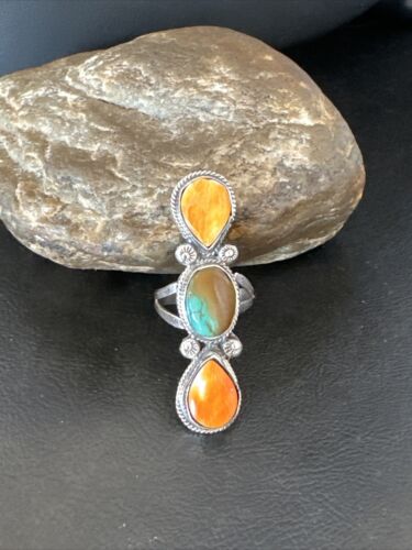 Navajo Green Turquoise Spiny Oyster Multi-Stone Ring | Authentic Native American Sterling Silver | Sz 11 | 16728